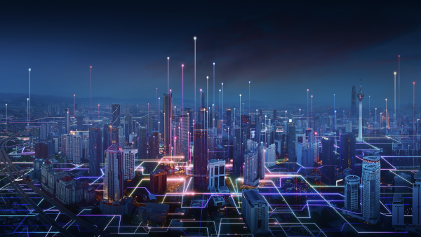 City at night with neon lights pointing skyward