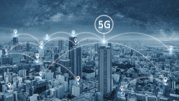 An image of a city's skyline highlighting 5G telecommunications. 